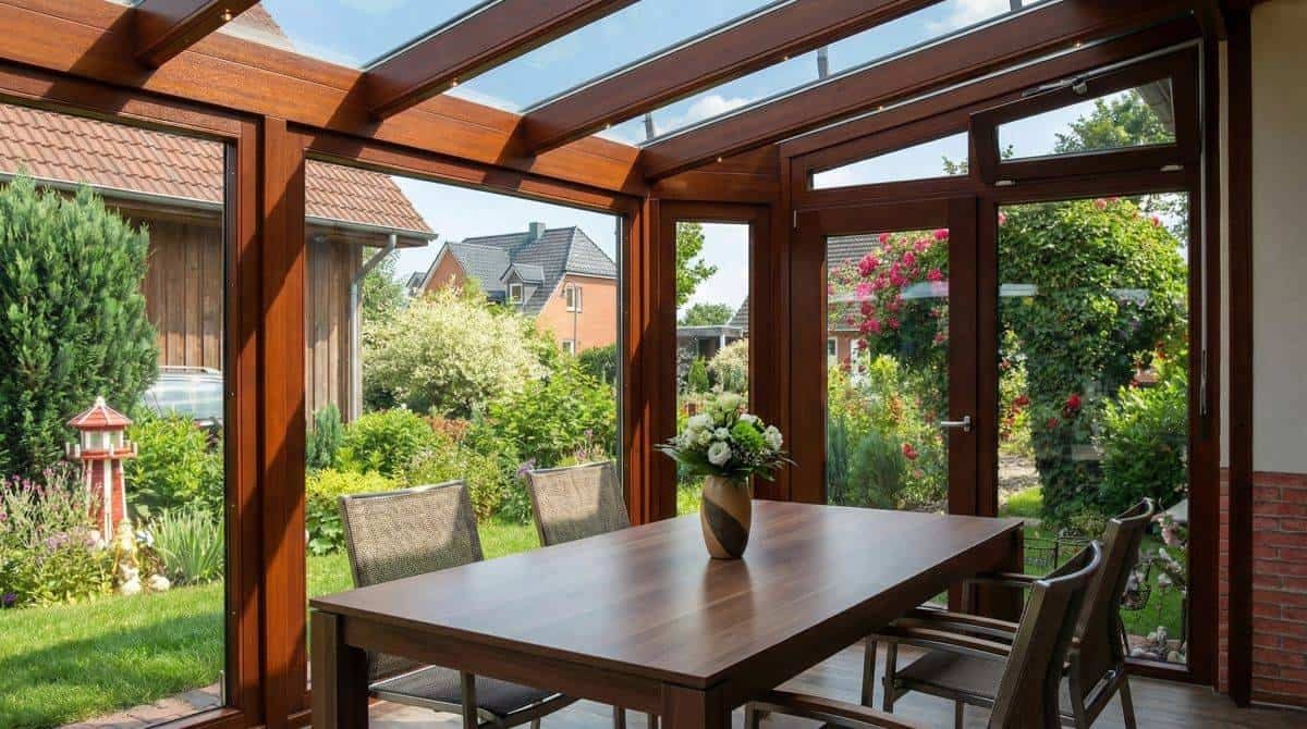 Möblierter Holzwintergarten von innen mit Esstisch und Blick in den Garten (GEWE)