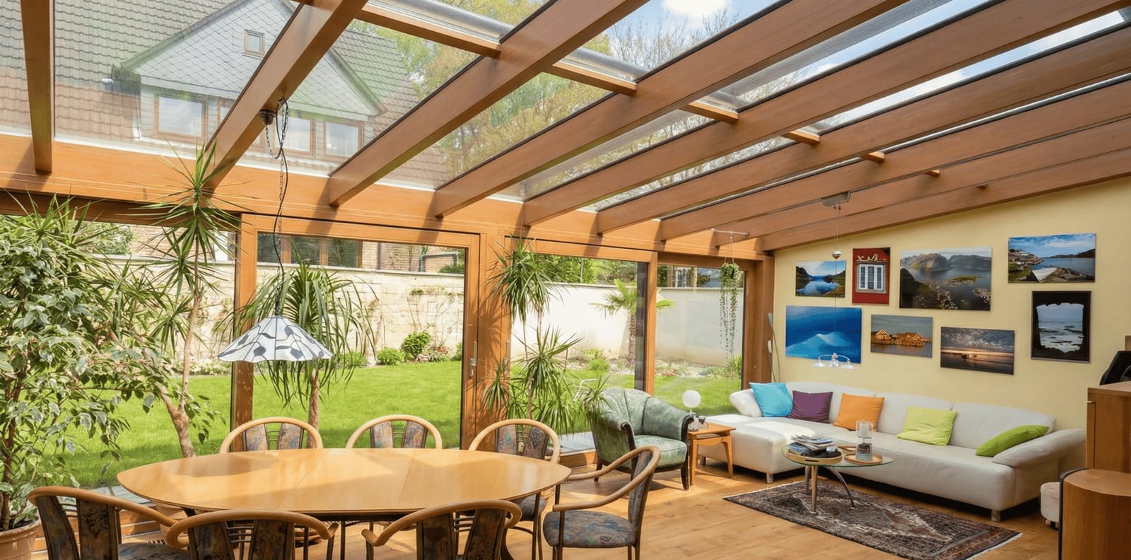 Wintergarten mit Holzsparren und Glasdach von innen, Esstisch und Sofa, Blick auf die Terrasse