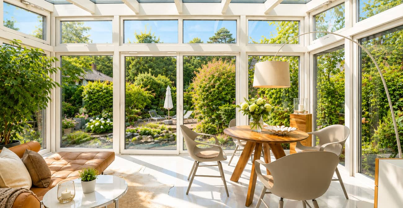 Moderner Wintergarten mit klaren Linien und großen Glasflächen an einem Wohnhaus, Terrasse im Vordergrund
