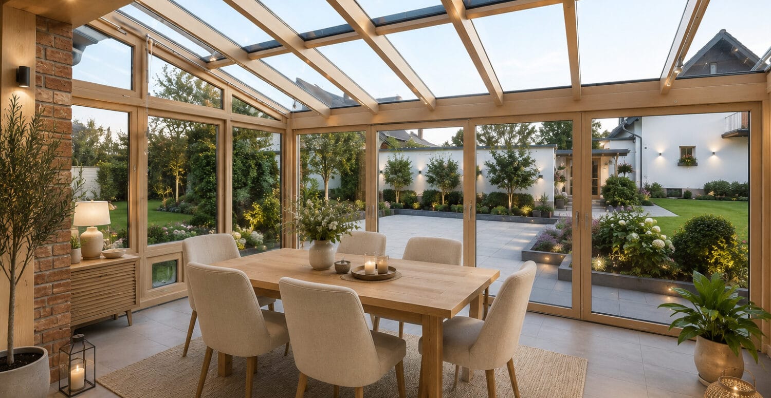 Heller Wohnraum mit raumhoher Glasfront und Loungemöbeln, Blick auf einen gepflegten Garten