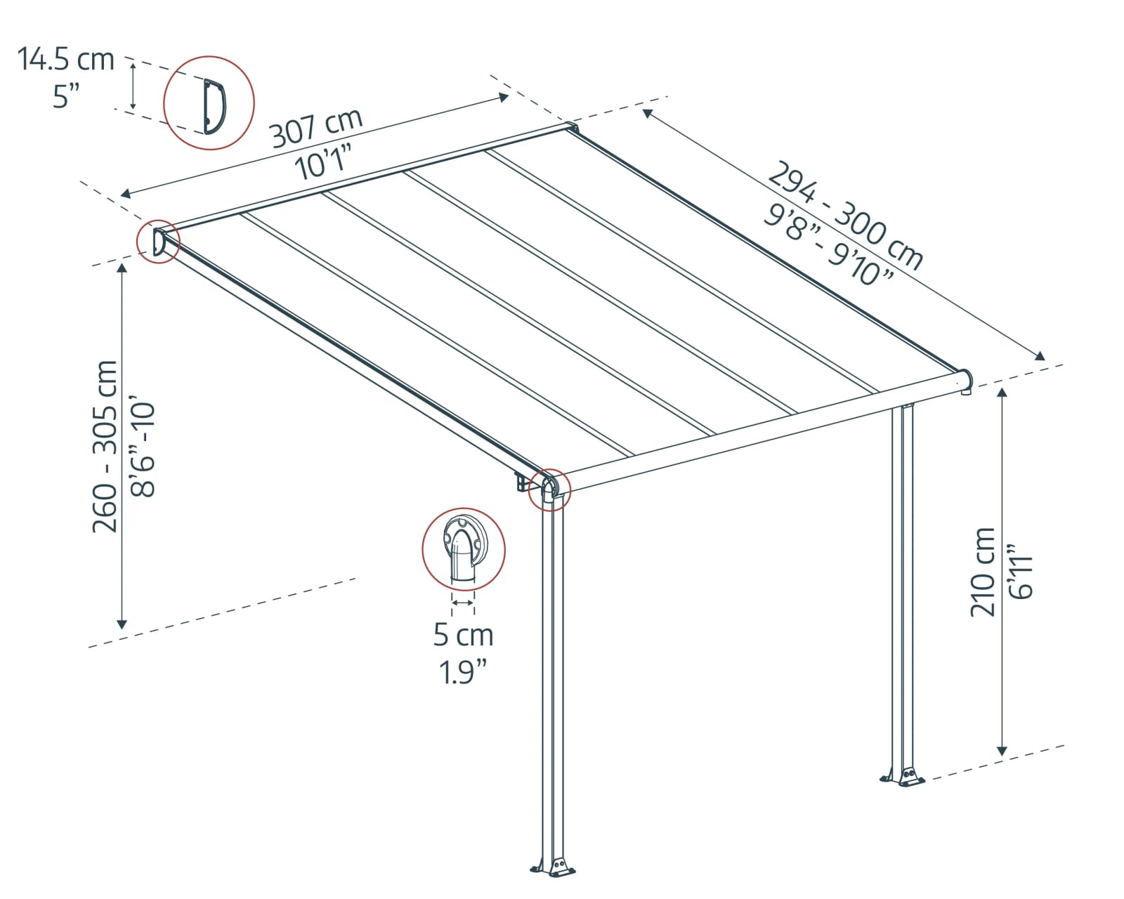 Technische Maßzeichnung einer Terrassenüberdachung mit Breiten- und Höhenangaben (Palram Canopia Olympia)