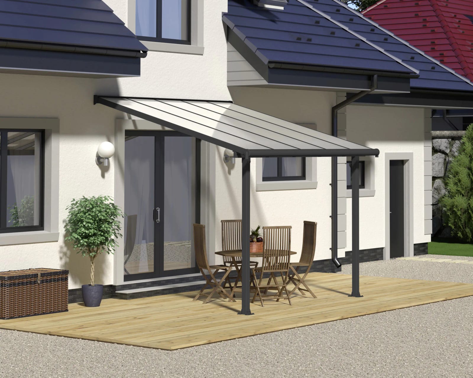 Terrassenüberdachung mit Aluminiumrahmen und integrierter Dachrinne, Ansicht von schräg unten