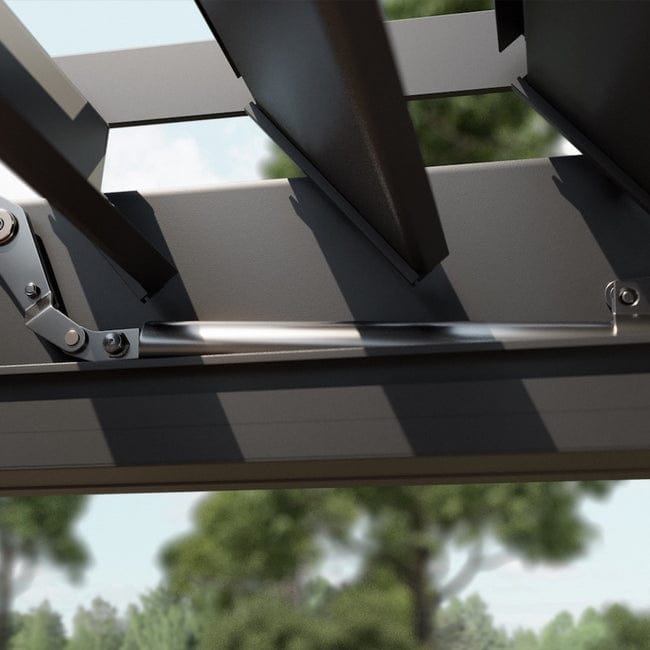 Nahaufnahme der Pergolux-Lamellen-Mechanik aus pulverbeschichtetem Aluminium