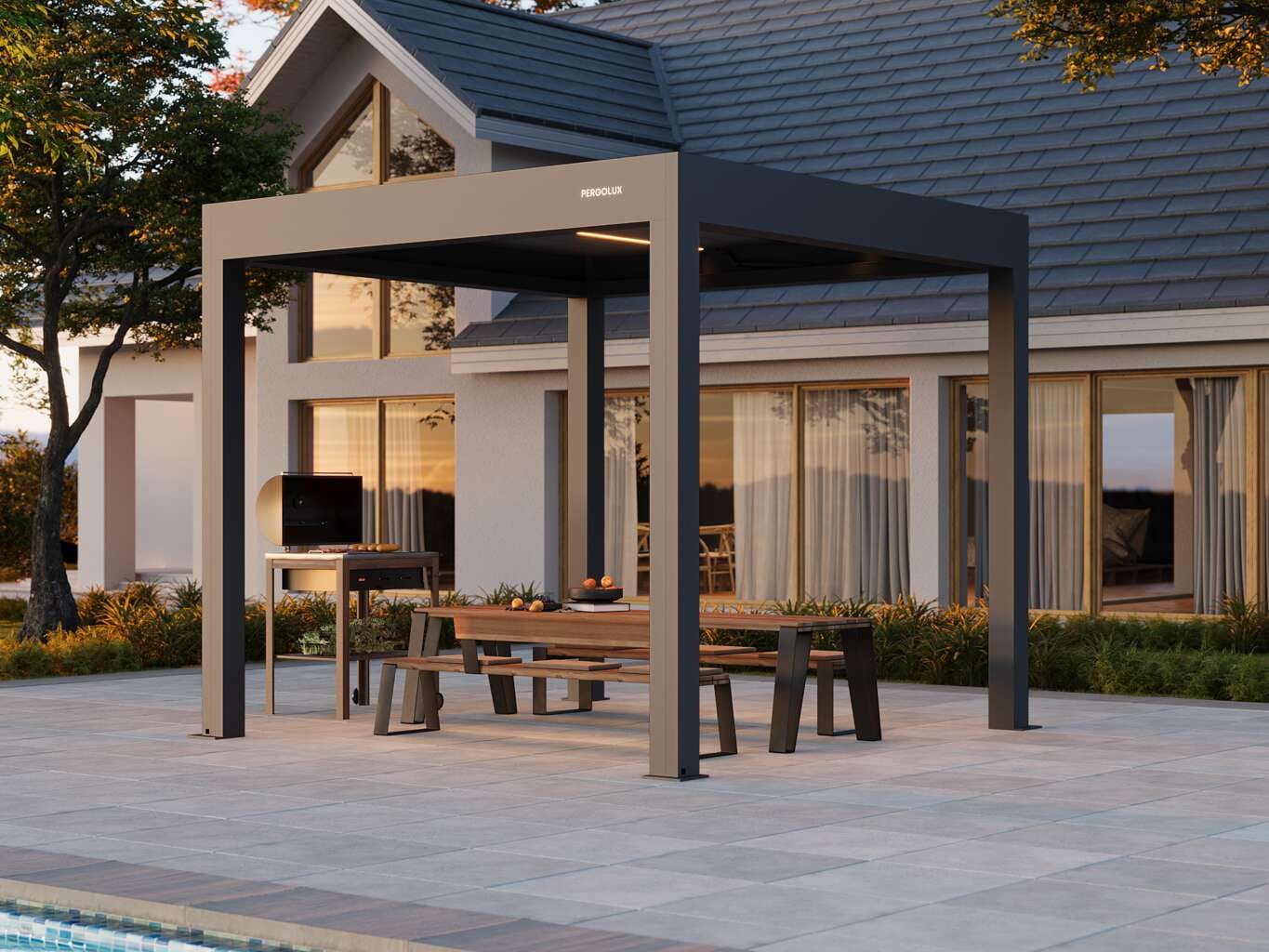 Freistehende Pergola mit Aluminiumrahmen und breiten Dachlamellen bei Tageslicht