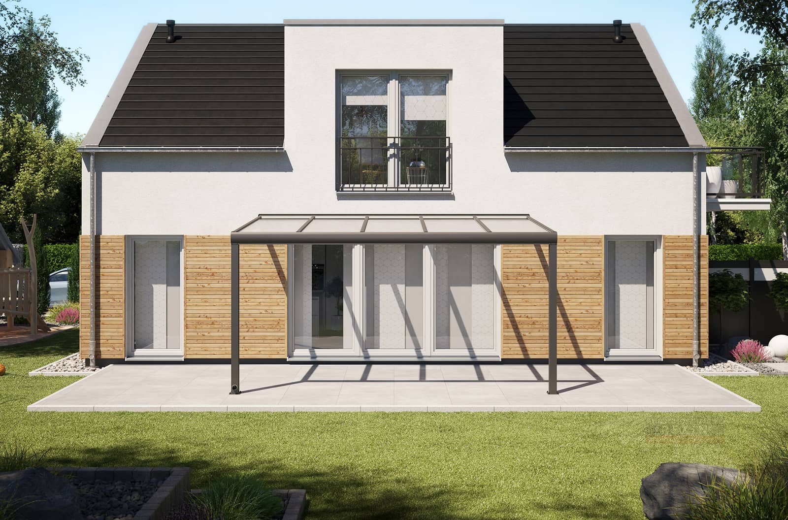 Rexin REXOpremium Terrassenüberdachung, Frontansicht mit Gartenmöbeln und Blick auf ein Einfamilienhaus mit Dachgauben