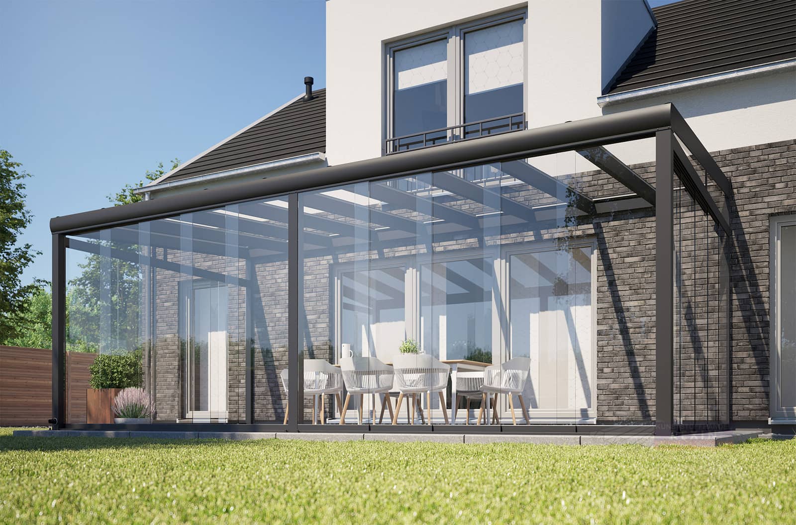 Rexin REXOslide Glasschiebewand, Nahaufnahme eines vollständig geschlossenen Kaltwintergartens mit Essbereich