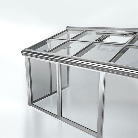 Produktdarstellung einer Wintergarten-Eckverbindung mit Dachfenster-Mechanik