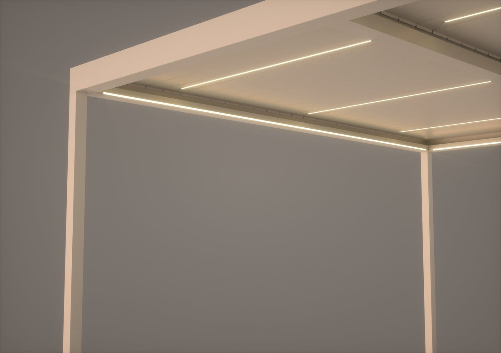 Terrassenpergola mit Lamellendach und integrierter LED-Beleuchtung am Abend