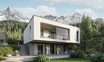 Loggia mit rahmenloser Glasschiebewand an einem Berghaus mit Panoramablick