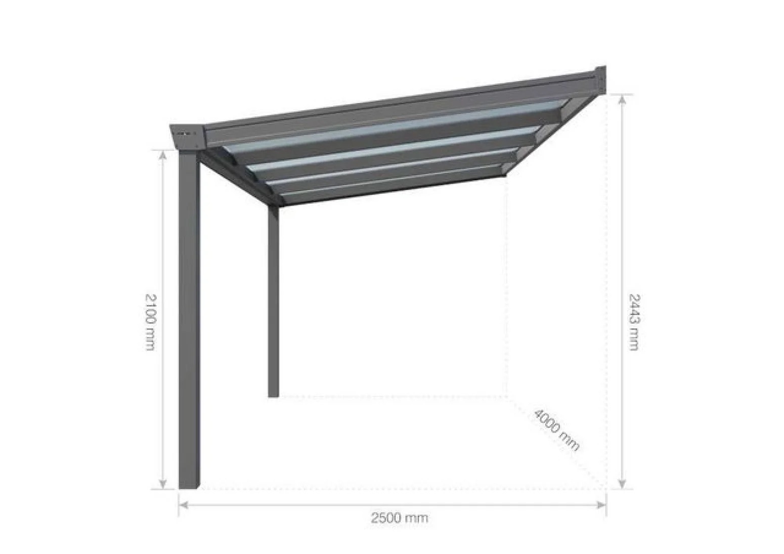 Technische Maßzeichnung der Terrando Terrassenüberdachung Classic, Breite 4000 mm, Tiefe 2500 mm