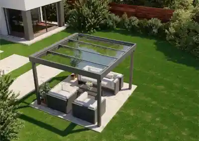 Terrando Terrassenüberdachung Flat Roof freistehend mit Glasdach und Loungemöbeln