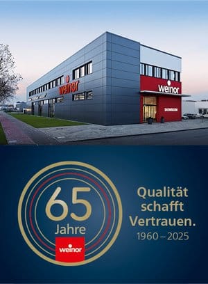 weinor Firmengebäude in Köln-Ossendorf mit Logo-Schriftzug an der Fassade und Jubiläumsgrafik 65 Jahre weinor