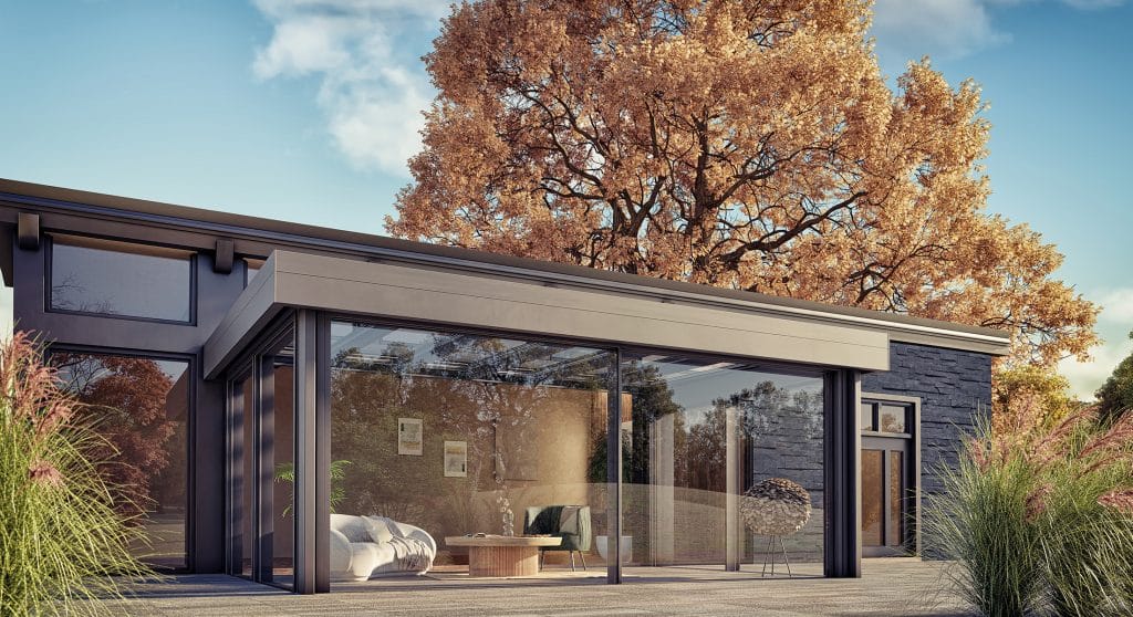 Wipro Diafano Wintergarten mit kubischem Flachdach an einem Haus im Herbst